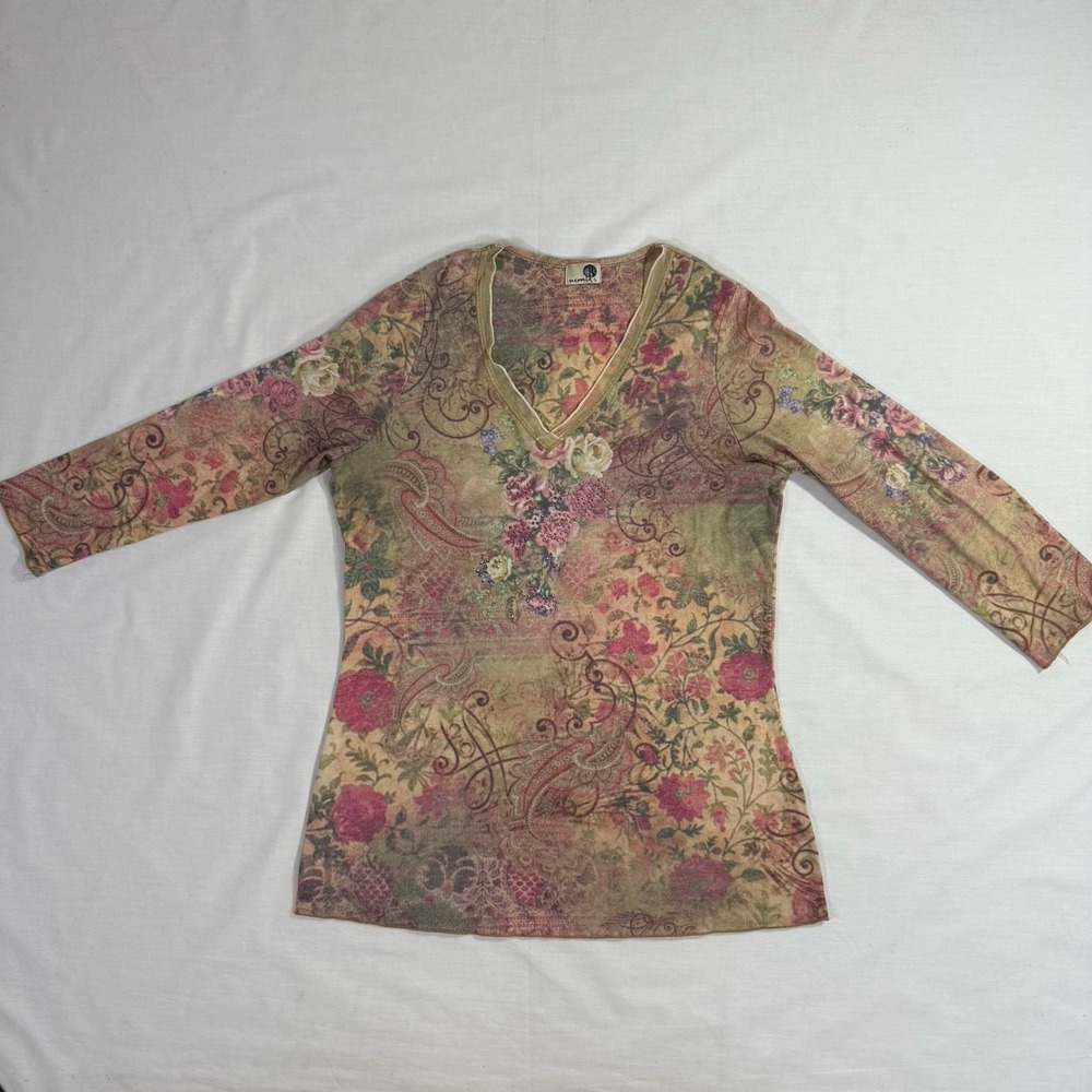 One World Women's Floral Studded Pullover 3/4 Sleeve Tee‎ Shirt Top Sz L Y2K